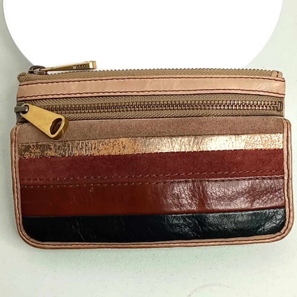 Fossil-Sydney -Striped Patchwork Clutch/Wallet /Fold-over Flap-Tan Taupe Leather